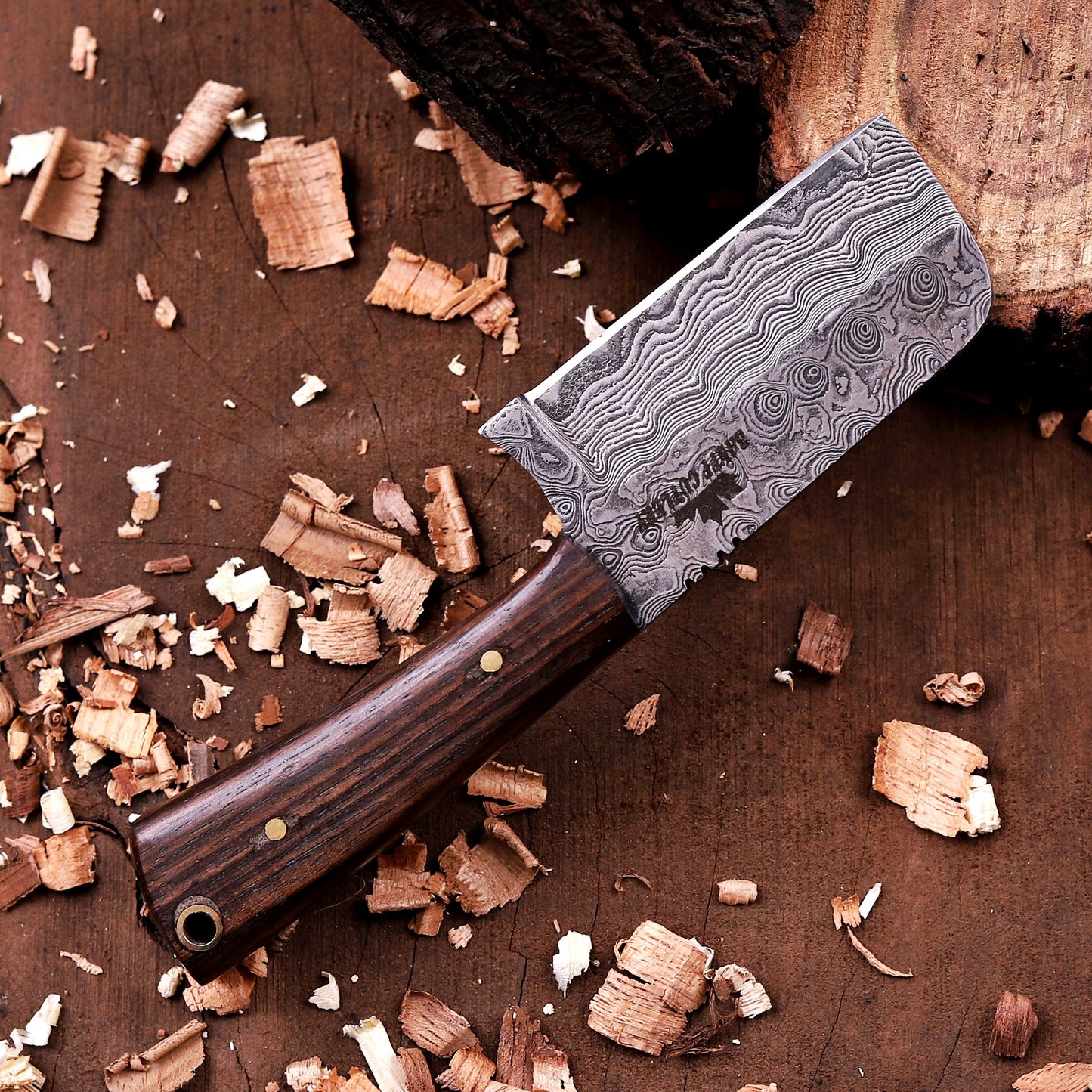 Banff Cutlery Damascus Steel Fixed Blade Short Stack Pocket Knife with leather sheath
