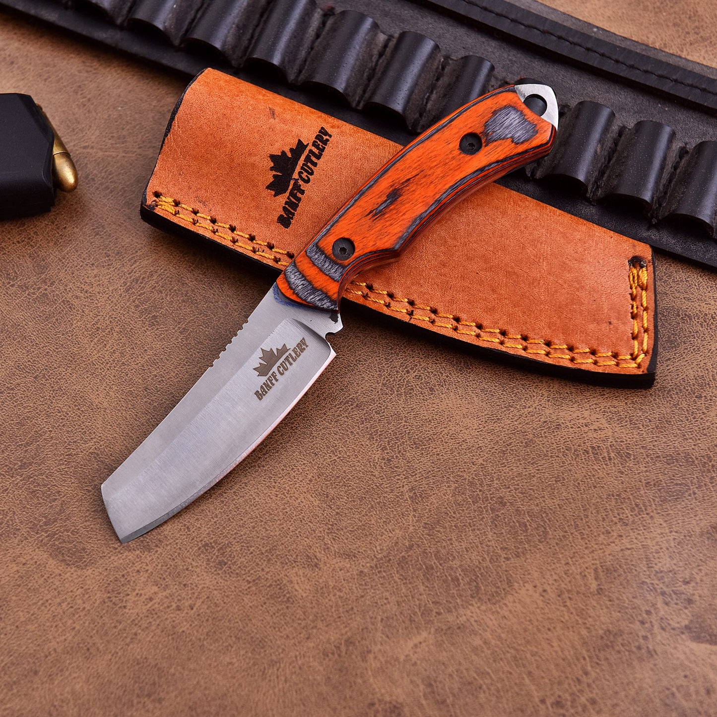 Professional fixed blade outdoor knife for hunting, camping, and survival with durable handcrafted sheath.