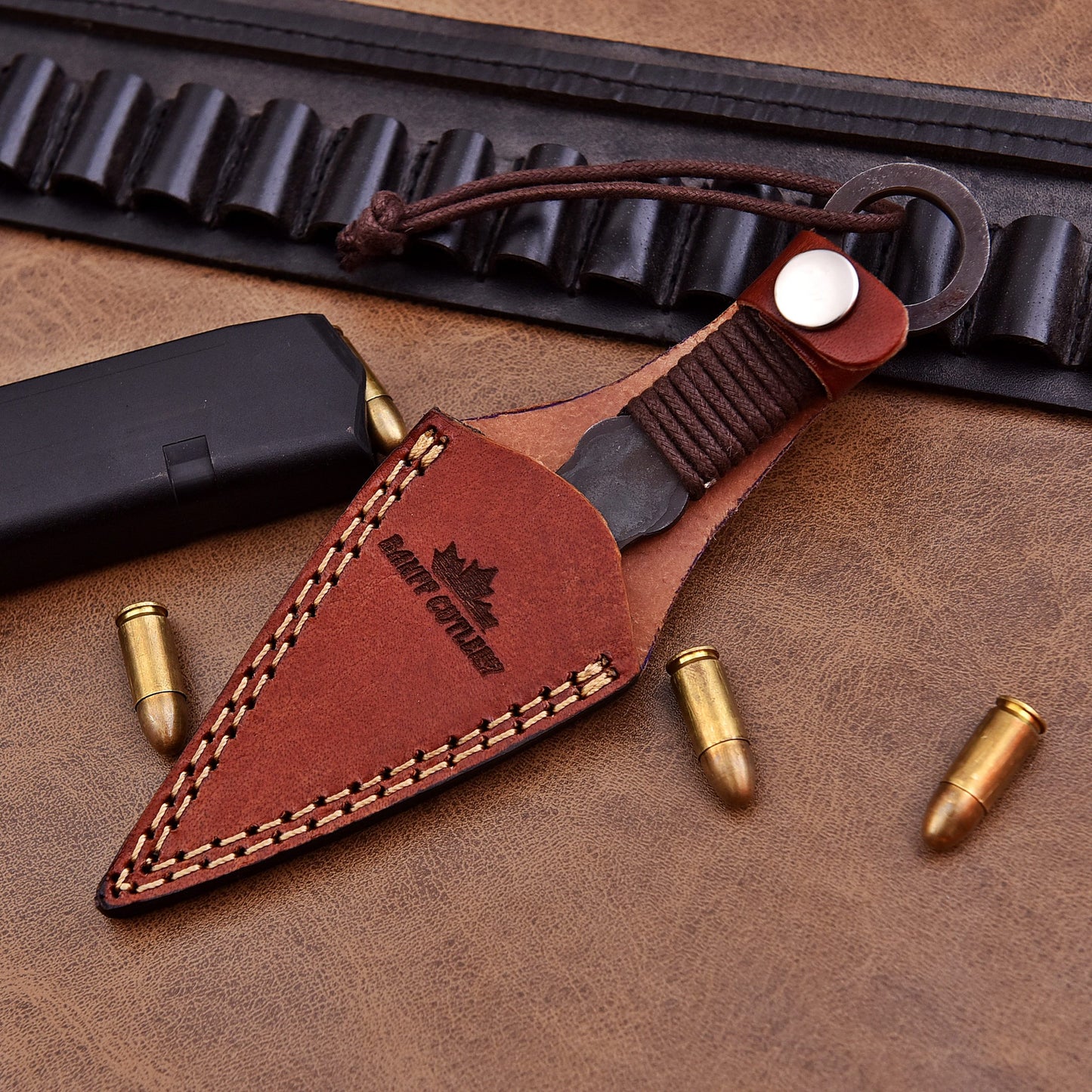 Competition-grade throwing knife made of D2 steel, perfect for sports and survival gear.