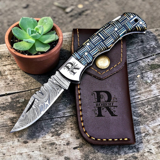 Personalized Damascus Steel Folding Knife | Custom Engraved Pocket Knife with Leather Sheath | Groomsmen Gift, Father's Day, Anniversary