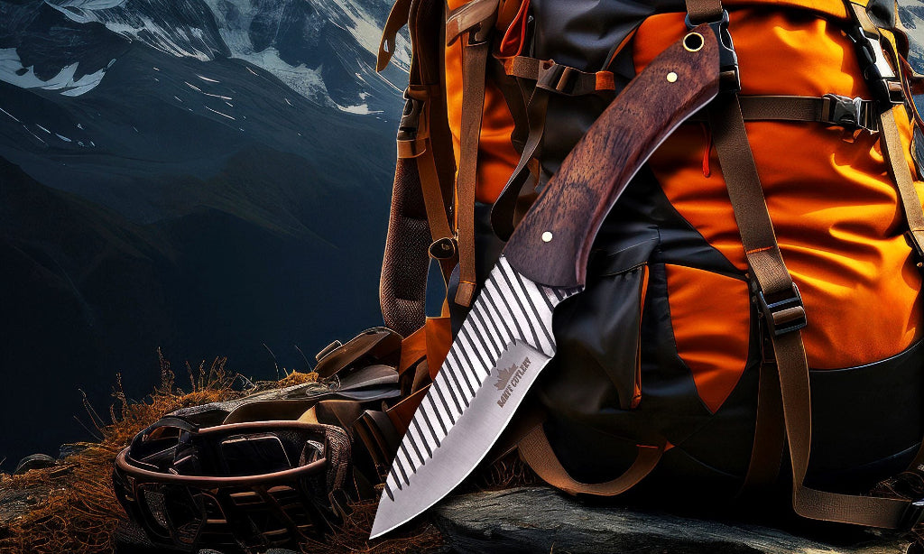 Tactical camping knife with striped blade and wooden handle attached to orange hiking backpack in mountain wilderness.
