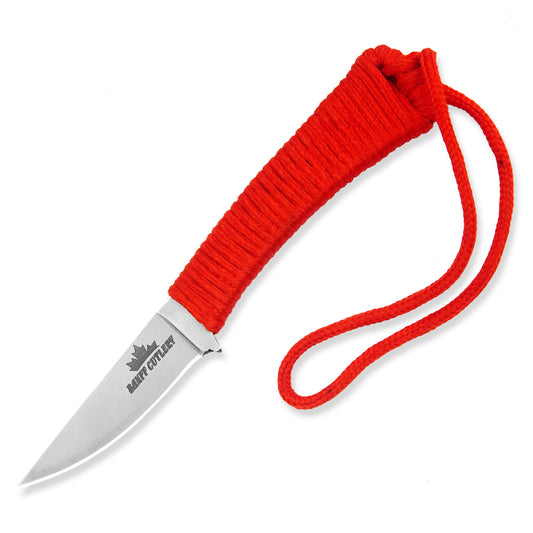 Ultimate Goat 3.0 tactical knife with D2 steel blade, ergonomic red paracord handle, and leather sheath for outdoor adventures.