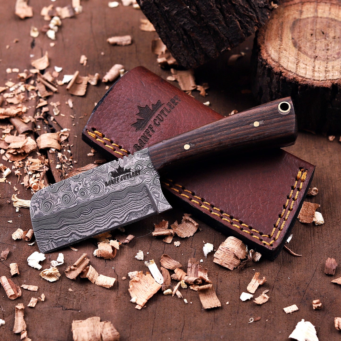 Banff Cutlery Damascus Steel Fixed Blade Short Stack Pocket Knife with leather sheath