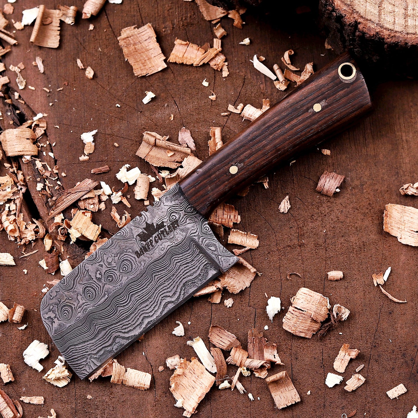 Banff Cutlery Damascus Steel Fixed Blade Short Stack Pocket Knife with leather sheath