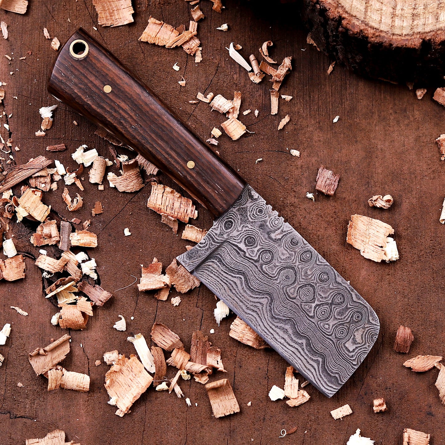 Banff Cutlery Damascus Steel Fixed Blade Short Stack Pocket Knife with leather sheath