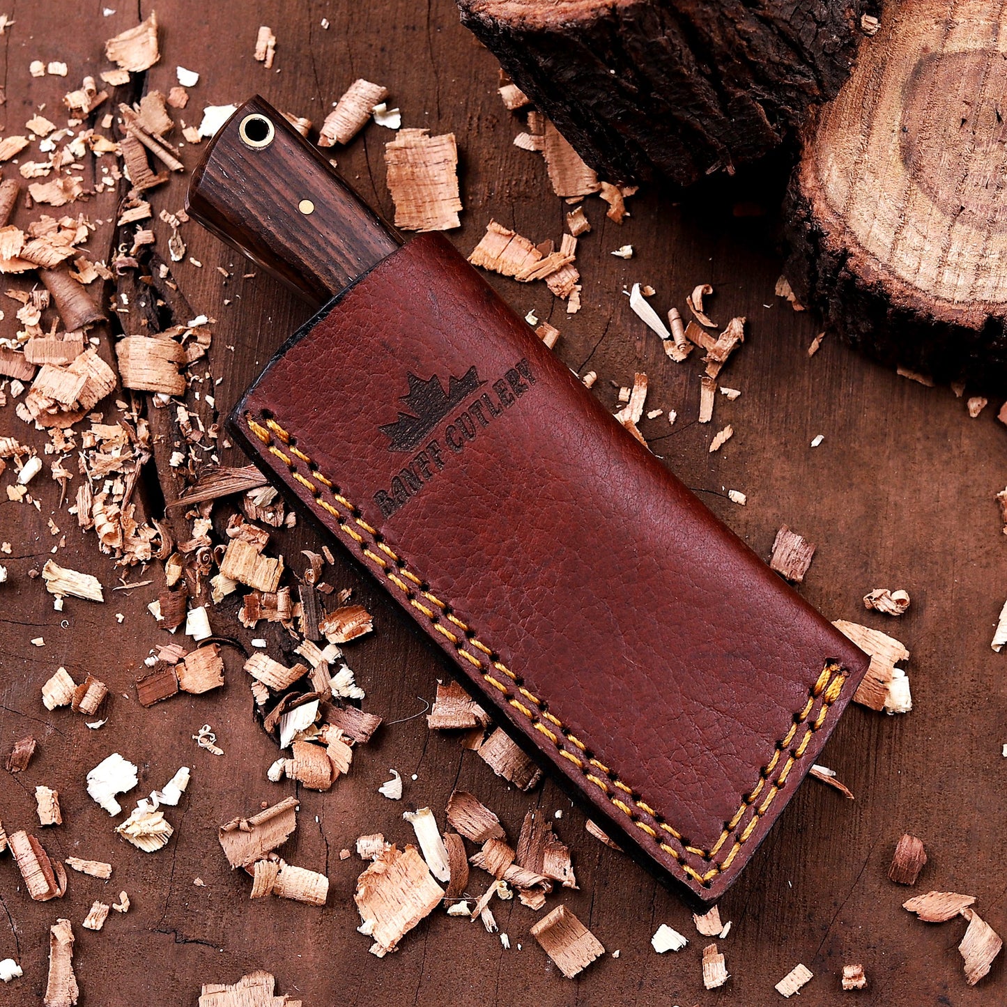 Banff Cutlery Damascus Steel Fixed Blade Short Stack Pocket Knife with leather sheath