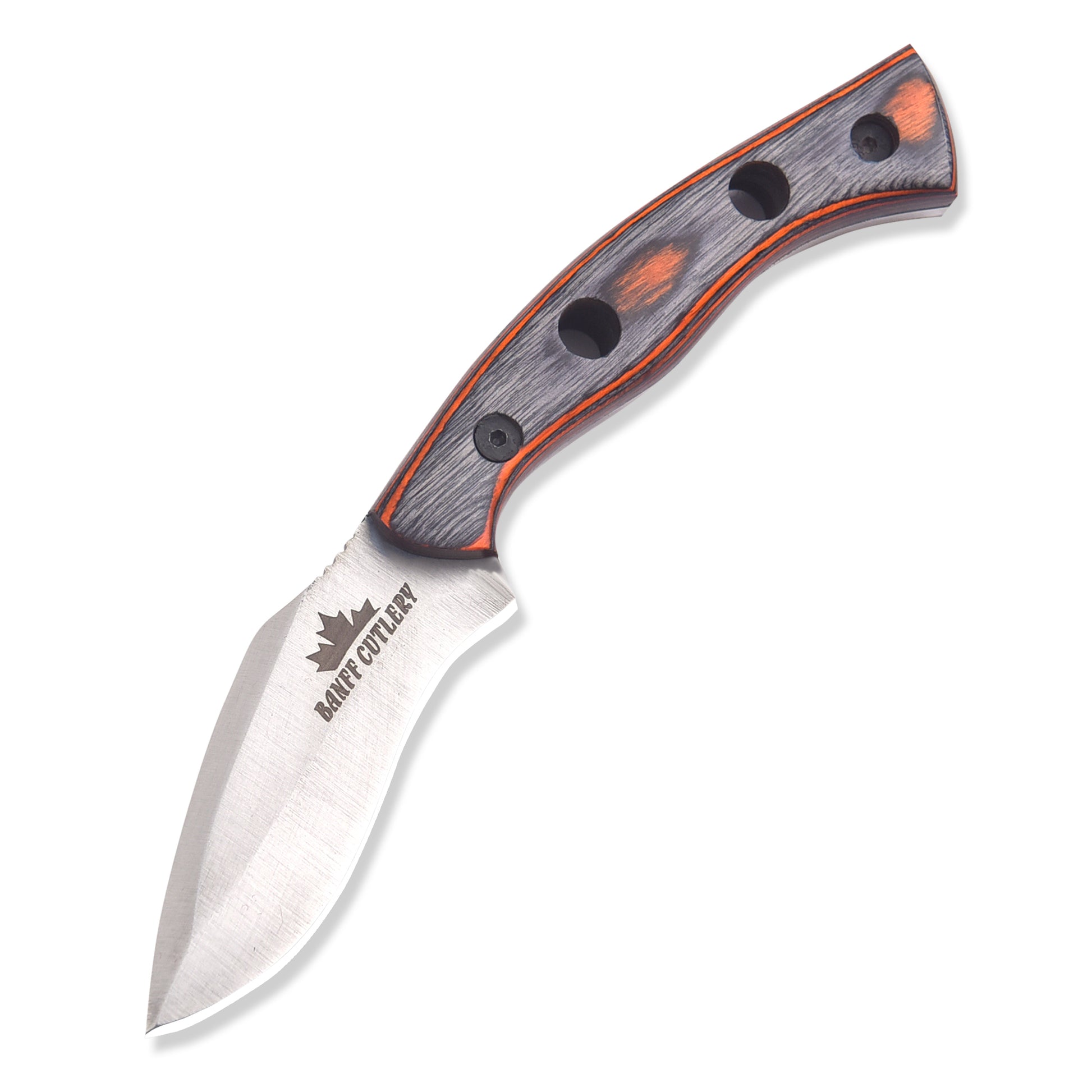 Handmade compact hunting knife with micarta handle and leather sheath for outdoor use.