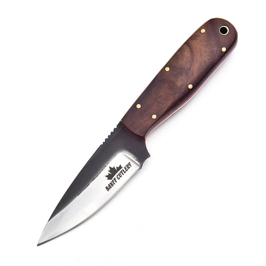 Pathfinder Knife with D2 steel blade and ergonomic ironwood handle for hunters.
