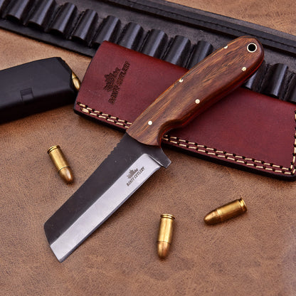Multi-purpose Horn Breaker Knife with leather sheath and steel clip, offering convenience and reliability for outdoor and tactical use.