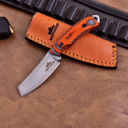 Professional fixed blade outdoor knife for hunting, camping, and survival with durable handcrafted sheath.