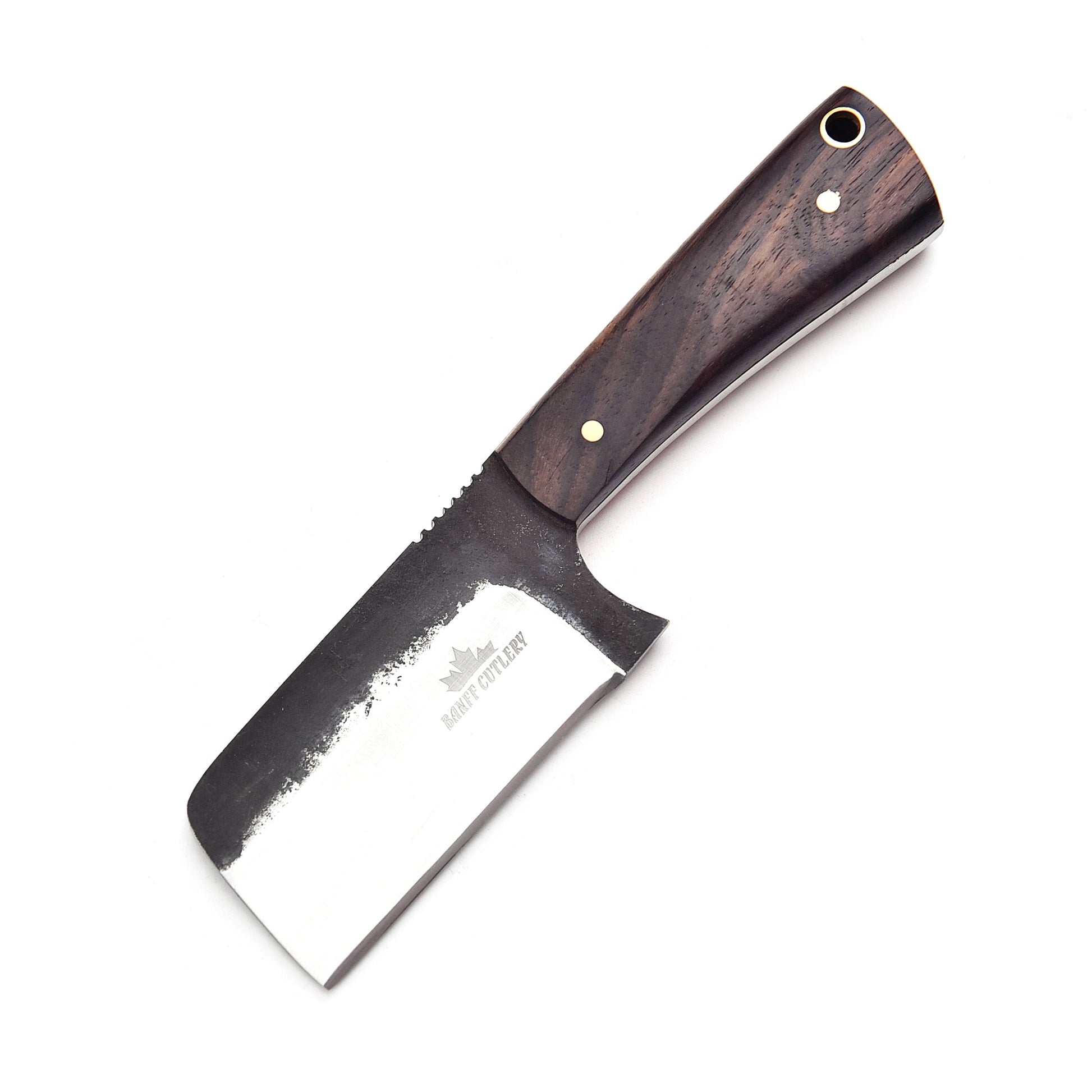 High carbon steel mini cleaver pocket knife with dark wooden handle and full tang design by Banff Cutlery, isolated on white background for product display.