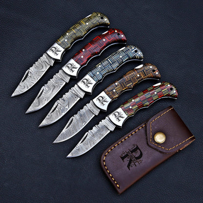 Personalized Damascus Steel Folding Knife | Custom Engraved Pocket Knife with Leather Sheath | Groomsmen Gift, Father's Day, Anniversary