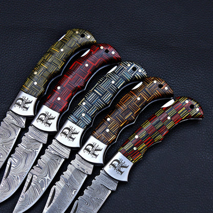 Personalized Damascus Steel Folding Knife | Custom Engraved Pocket Knife with Leather Sheath | Groomsmen Gift, Father's Day, Anniversary