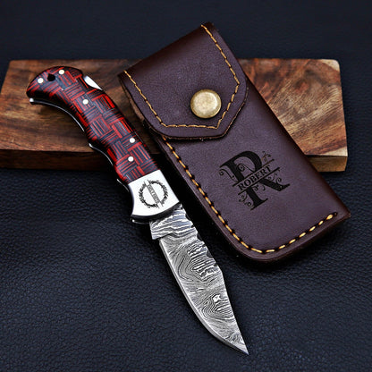 Personalized Damascus Steel Folding Knife | Custom Engraved Pocket Knife with Leather Sheath | Groomsmen Gift, Father's Day, Anniversary