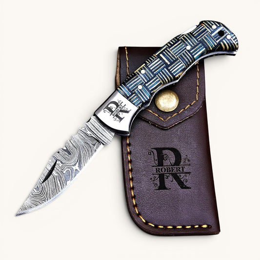 Personalized Damascus Steel Folding Knife | Custom Engraved Pocket Knife with Leather Sheath | Groomsmen Gift, Father's Day, Anniversary