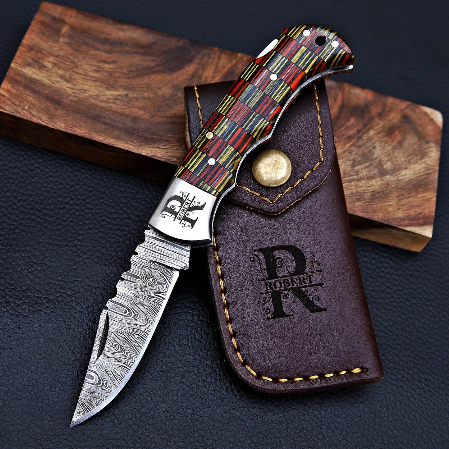 Personalized Damascus Steel Folding Knife | Custom Engraved Pocket Knife with Leather Sheath | Groomsmen Gift, Father's Day, Anniversary