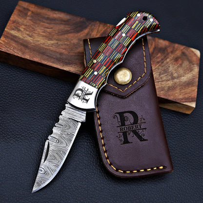 Personalized Damascus Steel Folding Knife | Custom Engraved Pocket Knife with Leather Sheath | Groomsmen Gift, Father's Day, Anniversary