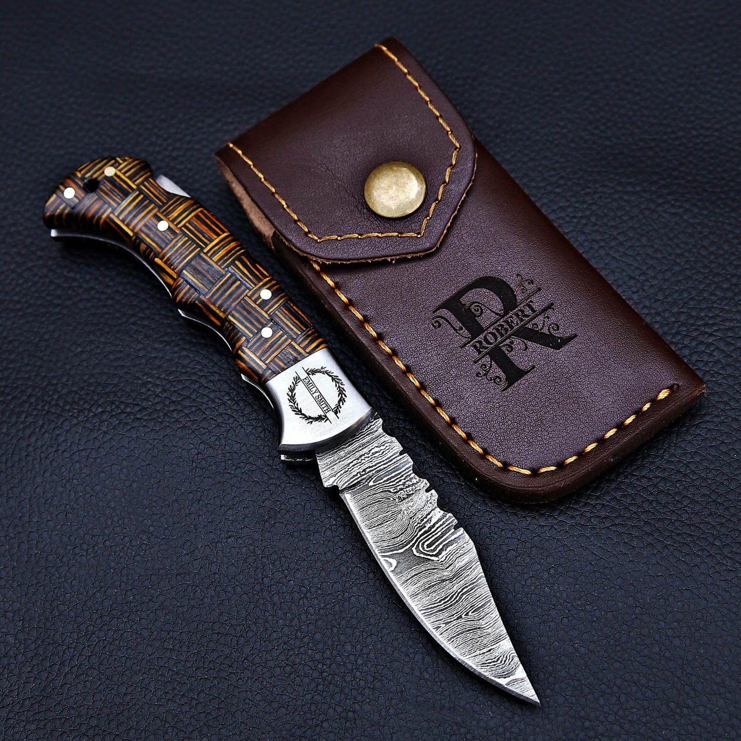 Personalized Damascus Steel Folding Knife | Custom Engraved Pocket Knife with Leather Sheath | Groomsmen Gift, Father's Day, Anniversary