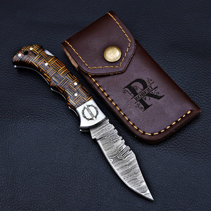 Personalized Damascus Steel Folding Knife | Custom Engraved Pocket Knife with Leather Sheath | Groomsmen Gift, Father's Day, Anniversary