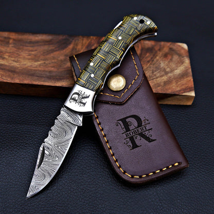 Personalized Damascus Steel Folding Knife | Custom Engraved Pocket Knife with Leather Sheath | Groomsmen Gift, Father's Day, Anniversary