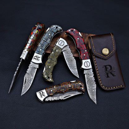 Personalized Damascus Steel Folding Knife | Custom Engraved Pocket Knife with Leather Sheath | Groomsmen Gift, Father's Day, Anniversary